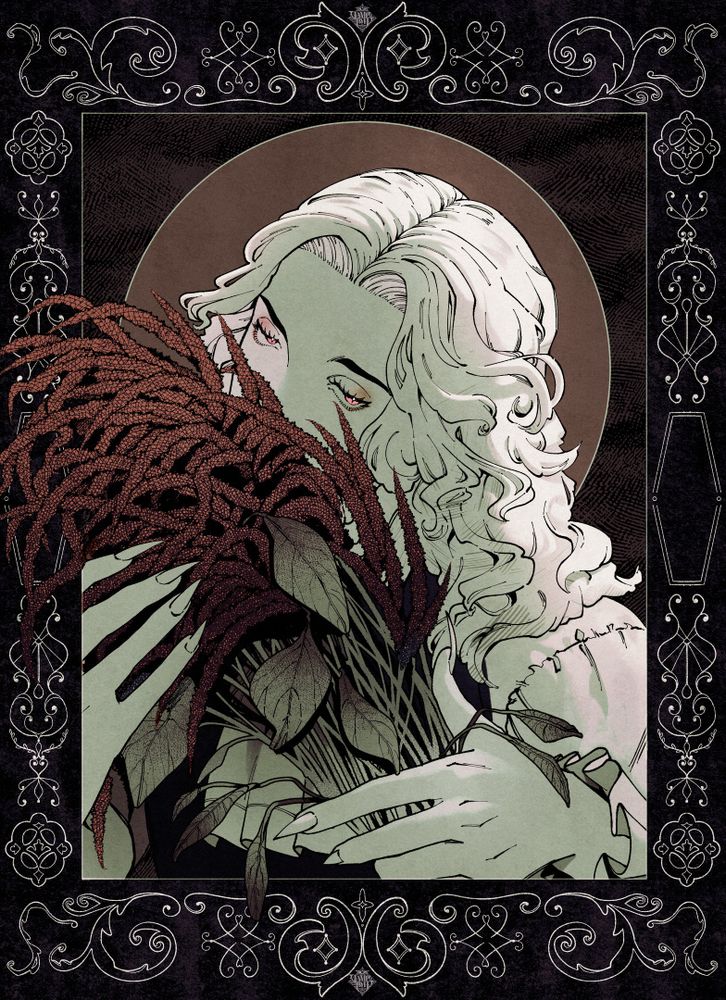 An illustration with a decorative gothic border. A man with shoulder length curly hair is holding a bouquet of amaranth stalks in front of his face. He has long sharp nails and red eyes. Behind him is a red moon