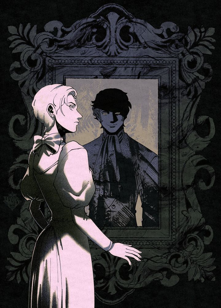 An illustration of a woman in an old-fashioned dress standing in front of a man's portrait. The man's face is obscured in shadow.