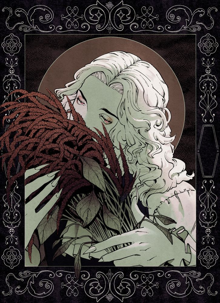 An illustration with a decorative gothic border. A man with shoulder length curly hair is holding a bouquet of amaranth stalks in front of his face. He has long sharp nails and red eyes. Behind him is a red moon