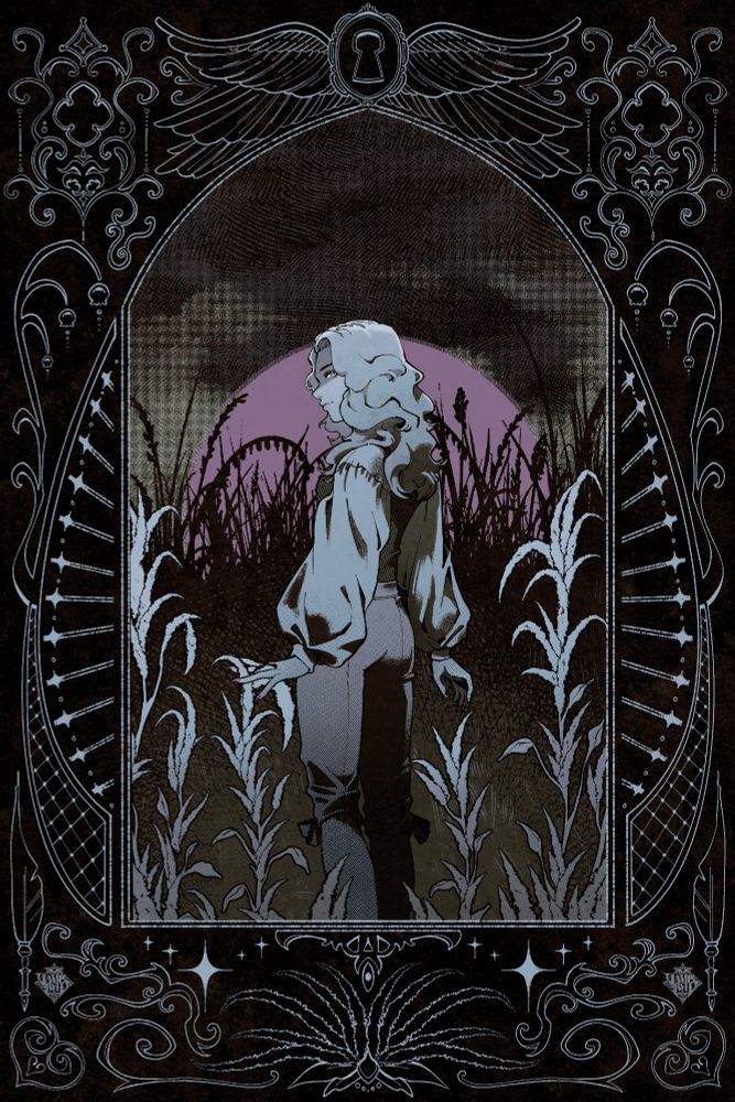 An illustration of a man with shoulder length wavy hair turned away from the viewer, looking over his shoulder with a smile. He is standing in a field of tall grass, touching a stalk of amaranth with one hand. The image is framed with a decorative gothic border.