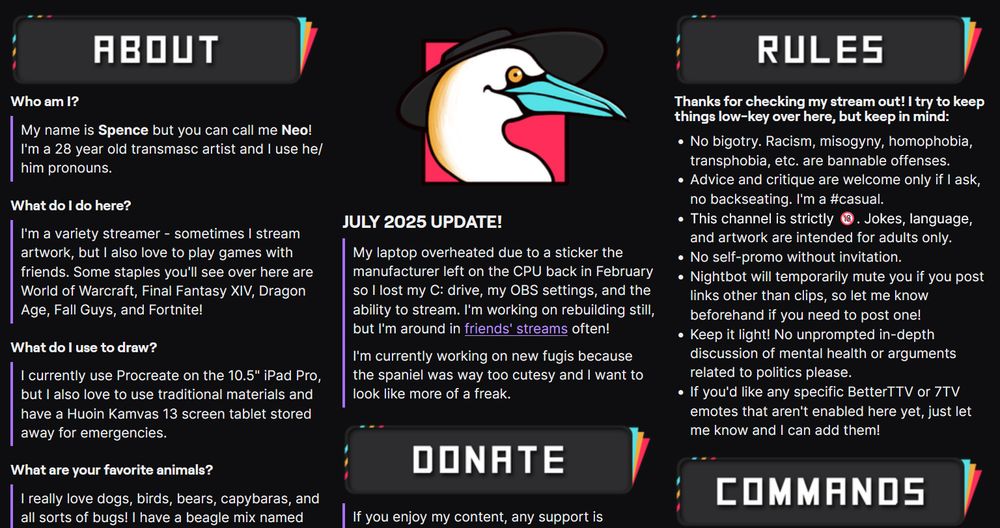 Dark-mode information panels for Twitch user Neophaim that prominently feature an altered image of his sona, which is based on a northern gannet. Included are an ABOUT, RULES, DONATE, and COMMANDS section, plus a July 2025 update underneath aforementioned sona.