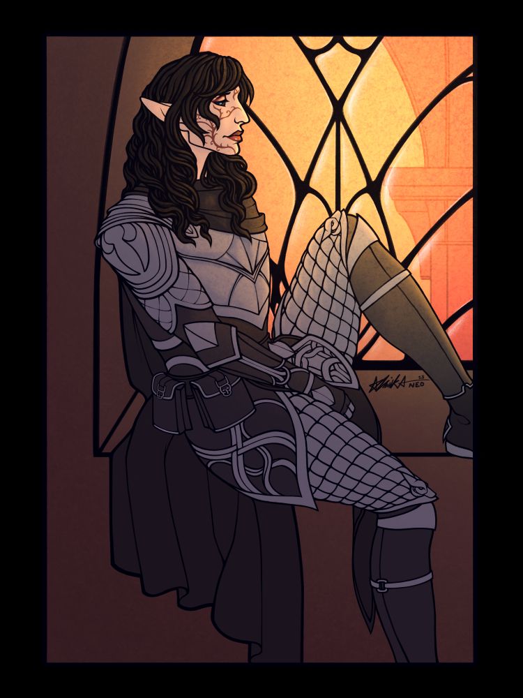A fullbody illustration of a Dalish elf from Dragon Age with loose, dark curls sitting in profile on a windowsill. She is wearing dark leathers and silver armor. There is very minimal shading. 