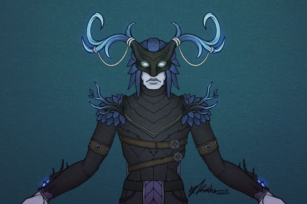 A close-up of a symmetrical drawing of Tahmid, an undead warlock from World of Warcraft. His arms are down and out to the sides, while his expression is inscrutable. His skin is deathly pale and he is clad in a mixture of dark leather and Night Fae gear from Ardenweald that exudes a blue glow. The whole piece has a paper-like texture.