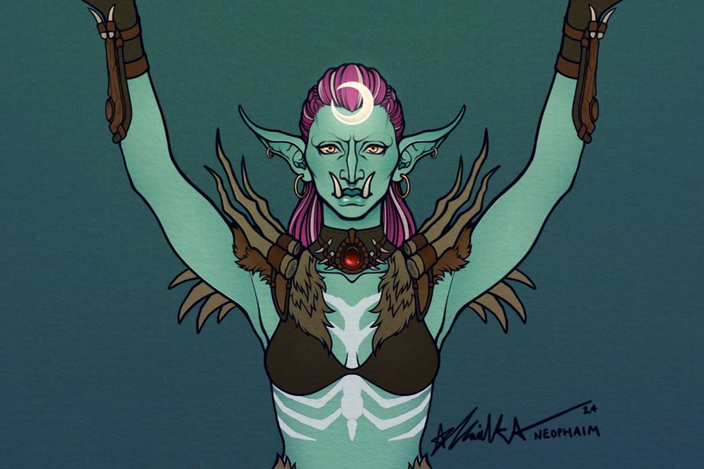 A close-up of a symmetrical drawing of Sazlek, a troll druid from World of Warcraft. Her arms are raised up in the air and she has a somewhat stern expression on her face. Her skin is a light blue-green and her hair is magenta with white streaks. The whole piece has a paper-like texture.