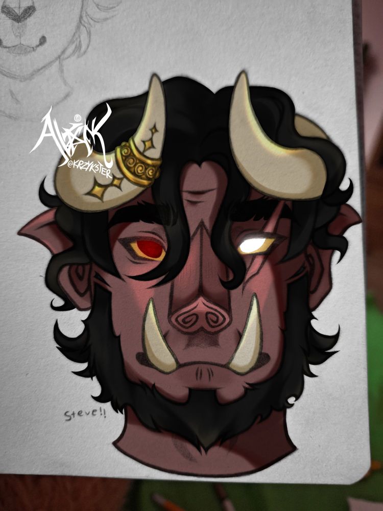 Pigman with horns, long low teeth, darker, pinkish skintone and a piglike nose, with a scar on his right eye, one eye is red, the other – white, with yellow sclera