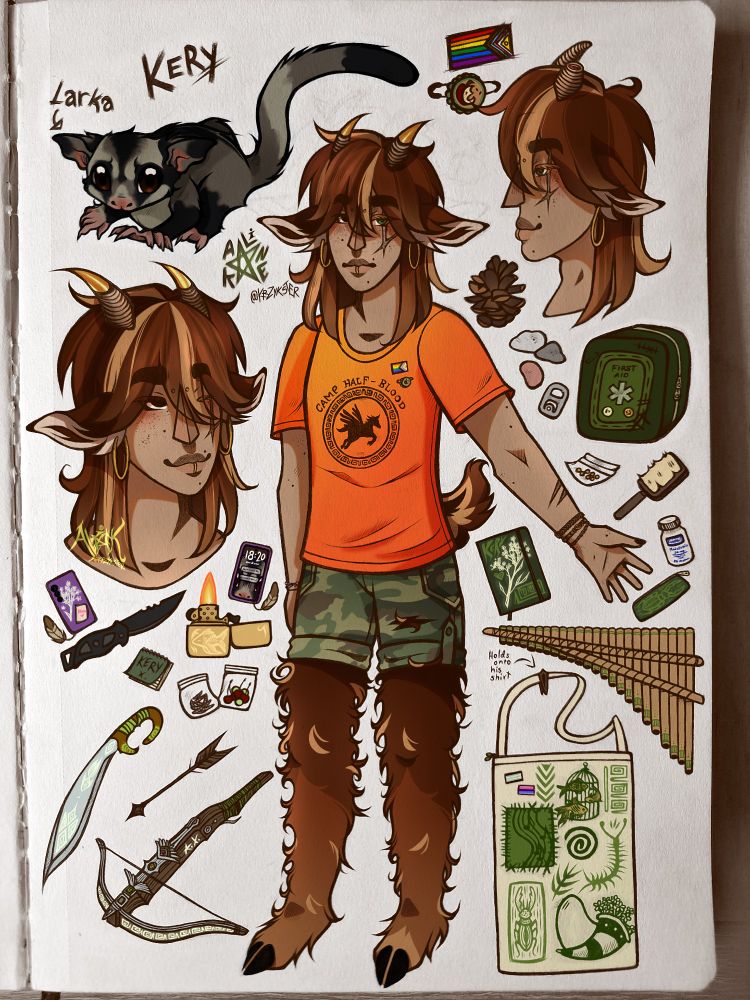 A ref sheet for a satyr (along with their equipment) they have brown hair with blonde streaks, same for it's fur