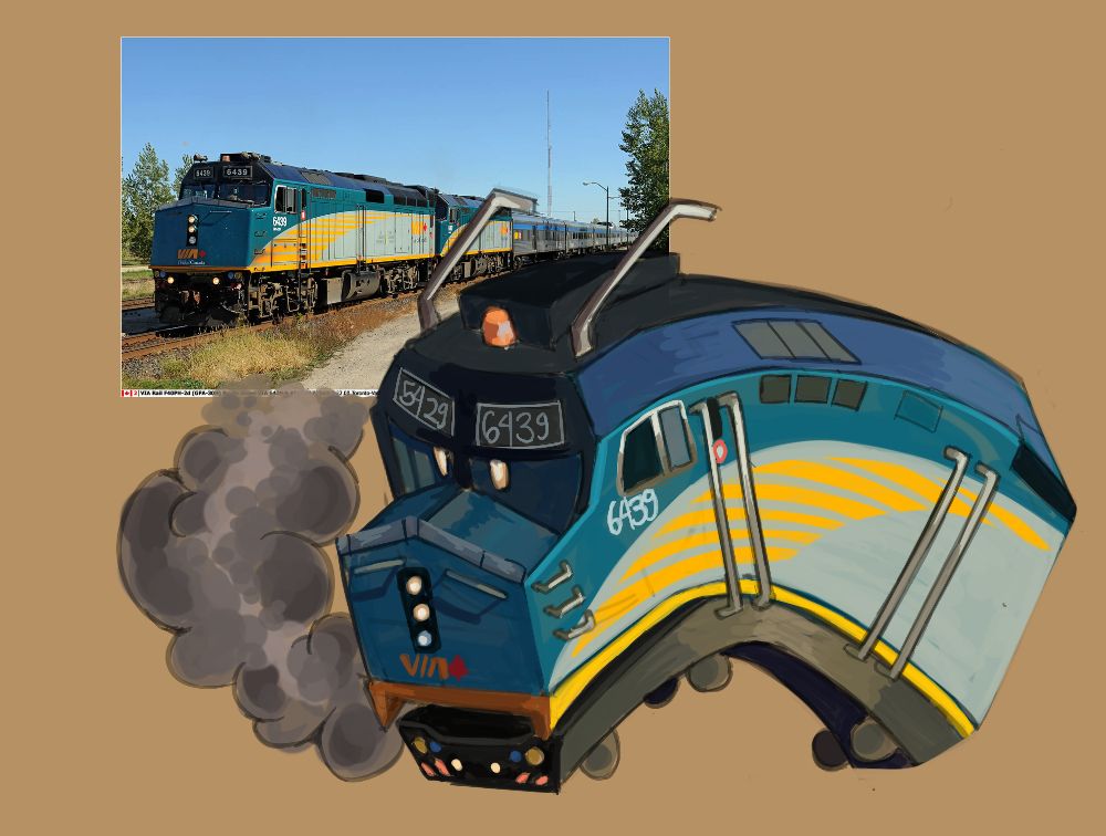 Digital illustration of a diesel locomotive, drawn to appear like a dragon-esque creature, with long metal rod horns, glowing irises in it's window eyes, and smoke coming out of it's mouth.
