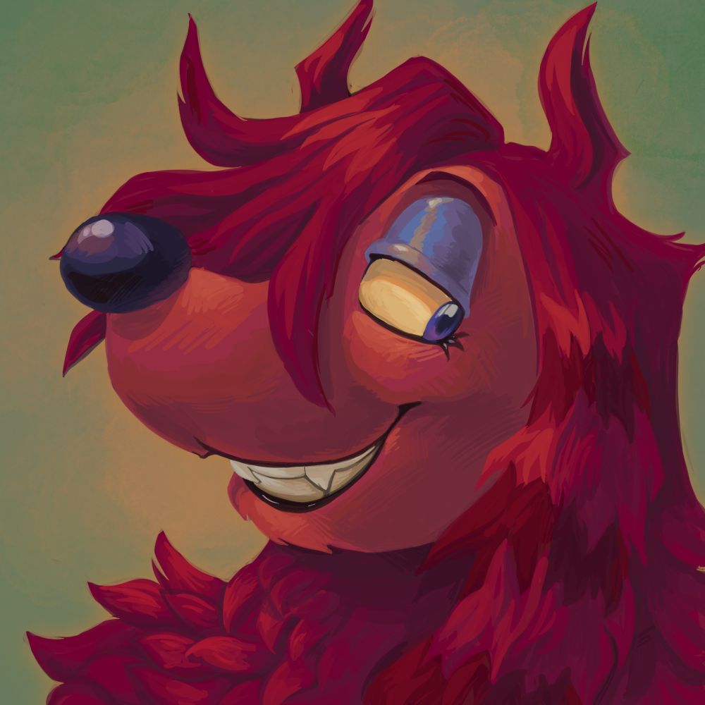 Digital illustration of a canine creature with light red fur, dark pink and red long hair with 'devil horn' cowlicks, blue eyelids, and a big, off-black nose, pictured against a green and orange background.