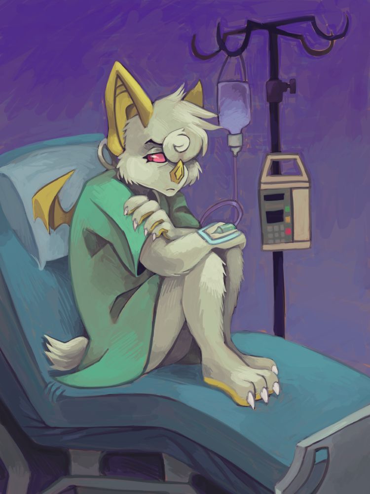 Digital illustration of an anthropomorphic Honduran white bat, sitting in a hospital bed in the fetal position, with an IV in his hand and an IV pole next to him. The bat character has a solemn expression on his face.