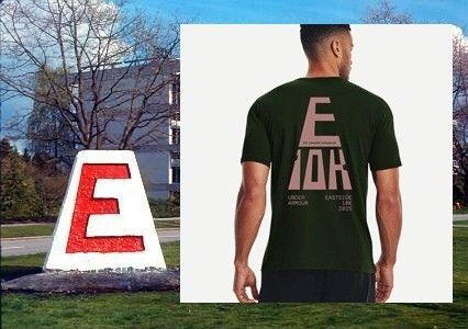 UBC Engineering Cairn and its E along with the t-shirt design for the 2025 Eastside 10K run. Similarities abound.