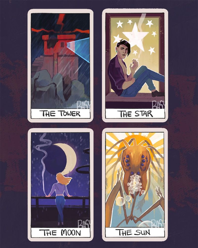 The tower from the island as The Tower, the Smoker from the Balcony as The Star, Klaasje as The Moon and the Insulindian Phasmid as The Sun