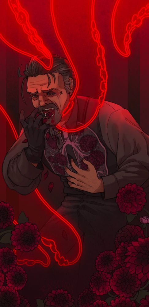Izzy is choking out bloody petals. There are black dahlias growing in his lungs, and translucent tentacles choking him, indicating his unrequited love for Edward.