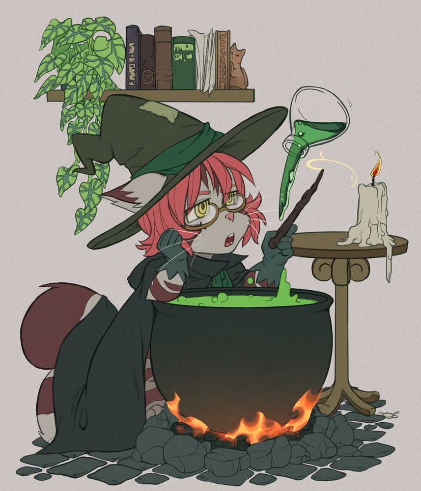 Sarro dressed like a witch. He is wearing glasses and directing a glass flask with magic wand in his hand. He is puring liquid into his witches brew. He looks skeptic.