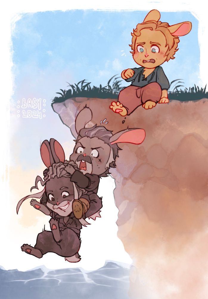 Drawing of Ed, Izzy and Stede as bunnies. Ed is carrying Izzy on his shoulders and jumping down a cliff into (implied) water. Izzy is visibly scared. Stede is still sitting on the cliff and not looking to happy about having to jump down.