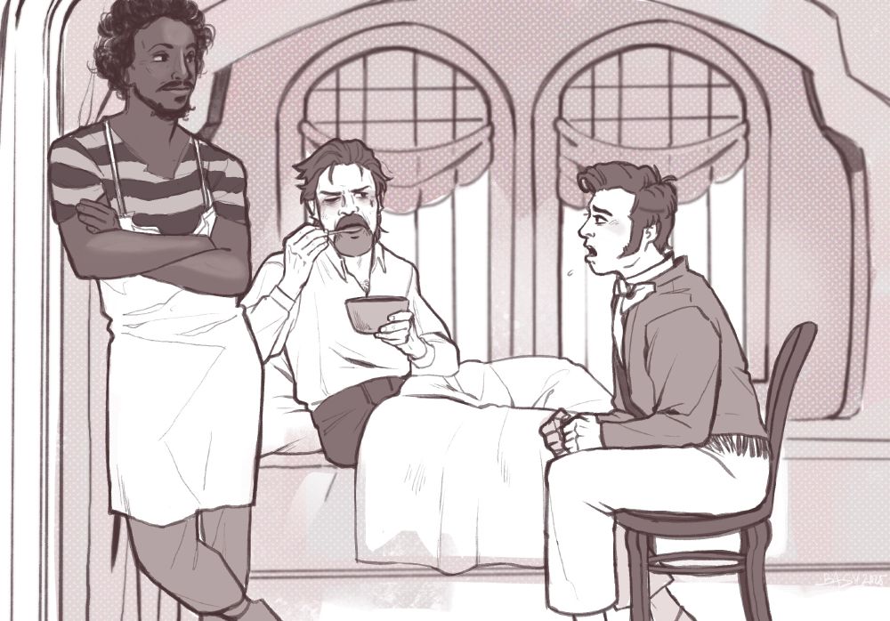 Drawing of Izzy sitting up in bed and eating soup. Lucius sits on a chair next to his bed and he is pouting because Izzy will not talk to him. Roach is leaning against a wall next to him, smiling as he observes the scene.