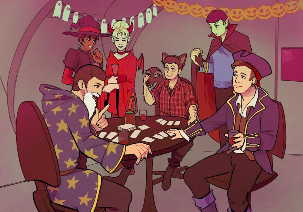 Some of the TOS crew celebrating Halloween. Scotty and Jim are playing Cards. Uhura and Chapel are next to each other, listening to Scotty talk, and giggling. Scotty wears a fake beard and is dressed like a wizard. Jim looks like an old timey ship's captain. Uhura and chapel are dressed as a witch and little devil respectively. Bones is wearing wolf ears and has a werewolf mask. Spock is inspecting his vampire cape and has little fangs but is otherwise dressed normally.