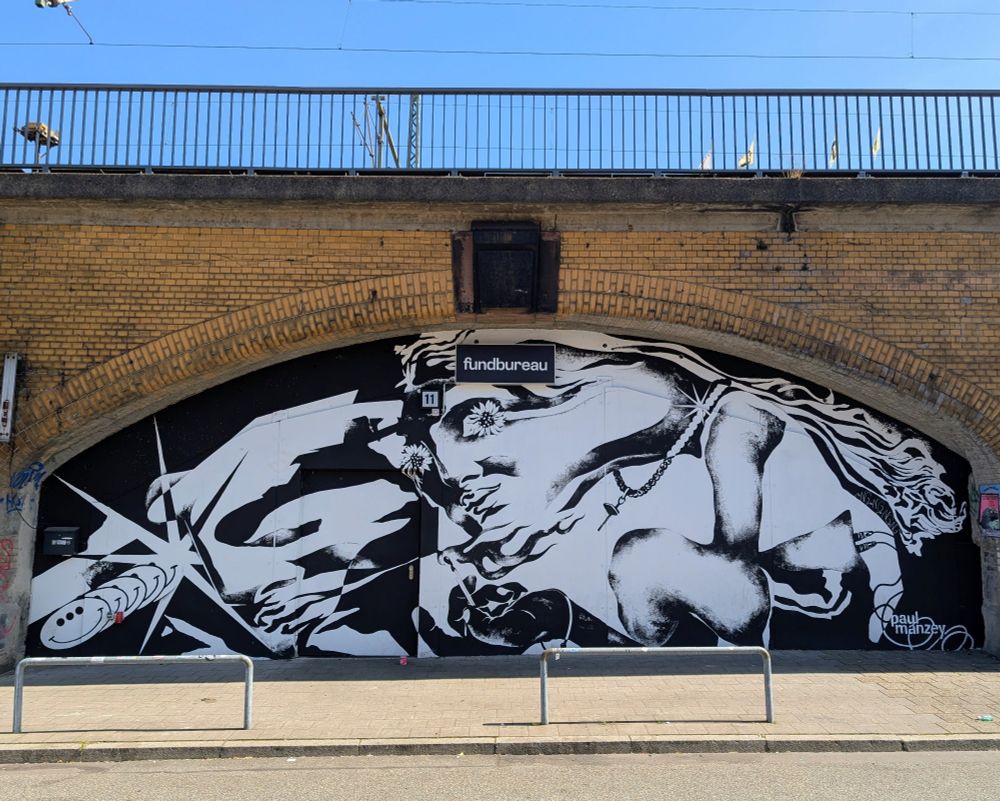 In einem Bogen der Kasematten ein schwarz weiß Mural.
Man erkennt ein Gesicht , statt der Augen sind Blüten zu sehen.