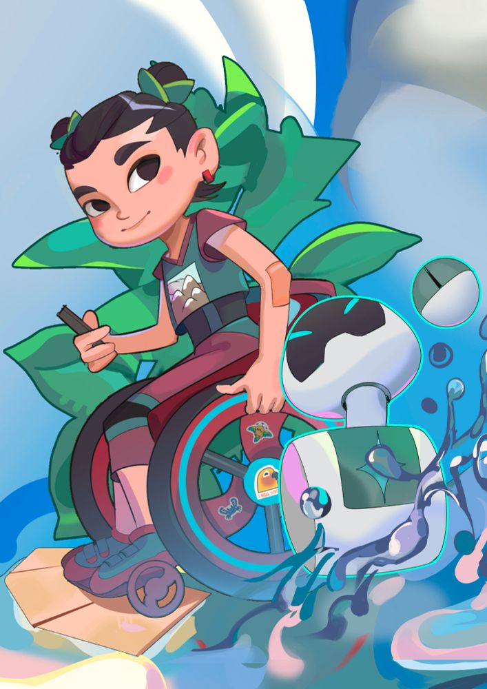 Illustration made by @shaku.bsky.social

Litzi, a girl with a wheelchair, surrounded by nature and a working robot.