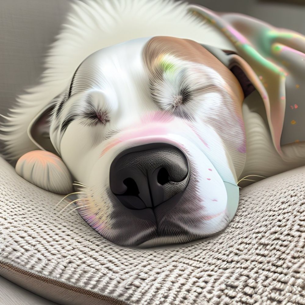 A close up of the snoot of a white and brown dog fast asleep. Photo is filtered to look somewhat illustrated with a little bit of a rainbow tint.