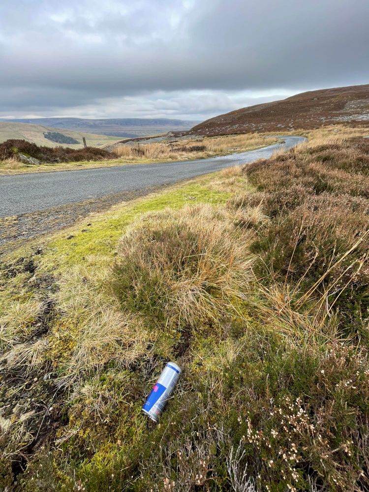 Empty can of Red Bull drink carelessly discarded by the roadside in the Yorkshire Dales National Park.
