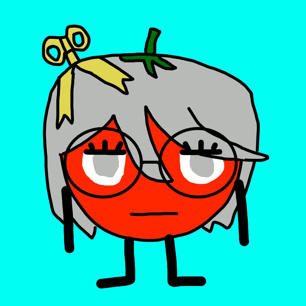 A red cartoon tomato with arms and legs, she has grey hair and grey eyes and wearing large round glasses, she has a gold clockwork key on her head. She has an unamused expression.