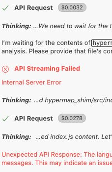 A snippet of a Cline output log with a couple of different errors back to back.
