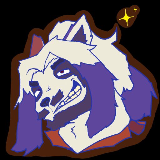 An anthropomorphic raccoon dog's head with white fur and purple spots, save for the right ear as that one is orange, leaning to his side and grinning at something/someone above his stature.