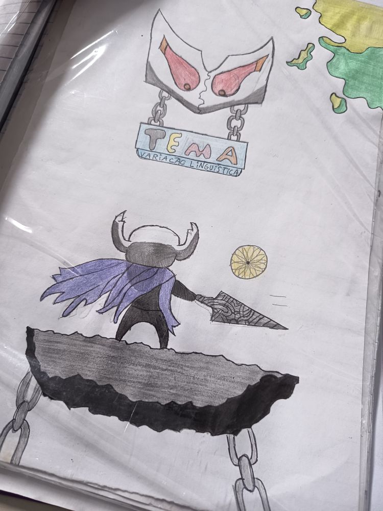 Foto da capa de um trabalho com tema variação linguística feita em folha sulfite branca. O tema da capa é o jogo hollow knight desenhado a mão pelo aluno.