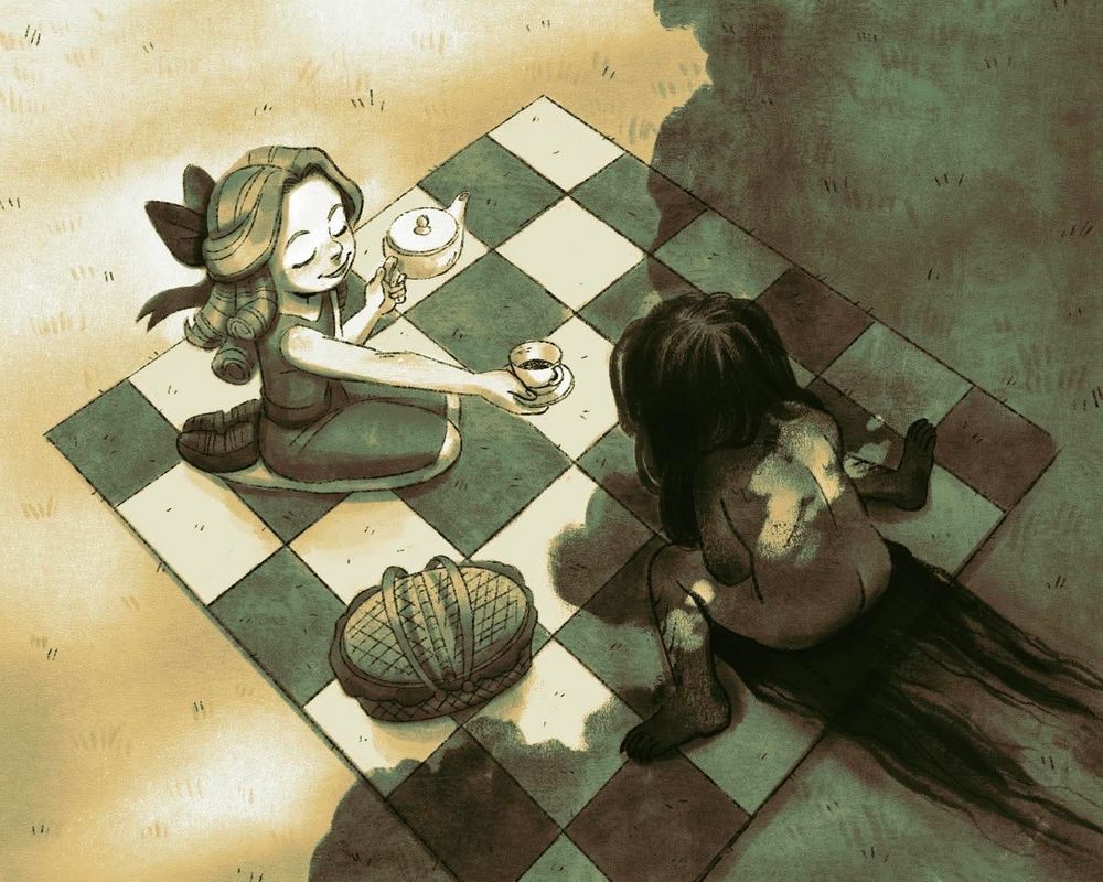 An illustration resembling an old photograph that depicts a young girl with curled hair offering tea to another child who is facing away from us. The other child has floor length, damp, unkempt black hair extending behind them and what appear to be scales on their skin. The girl offering the yea appears unfazed by this.