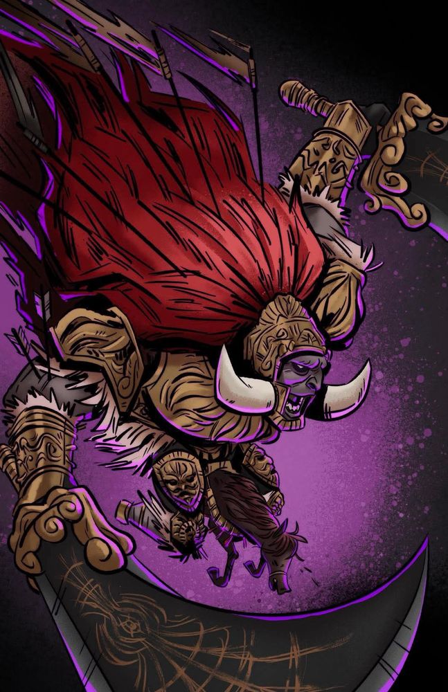 Fanart of Radahn and his horse Leonard from the video game Elden Ring