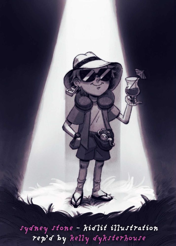 A monotone illustration of a kid standing in a spotlight from an alien space ship. They appear to have just gotten home from a vacation and are wearing sunglasses, and wide brim hat, a neck travel pillow, holding a vacation drink, and a fanny back that contains some sort of small creature with 1 eye. On their ear is a cattle tag labeled “011”. Text reads: sydney stone kidlit illustration rep’d by Kelly dyksterhouse
