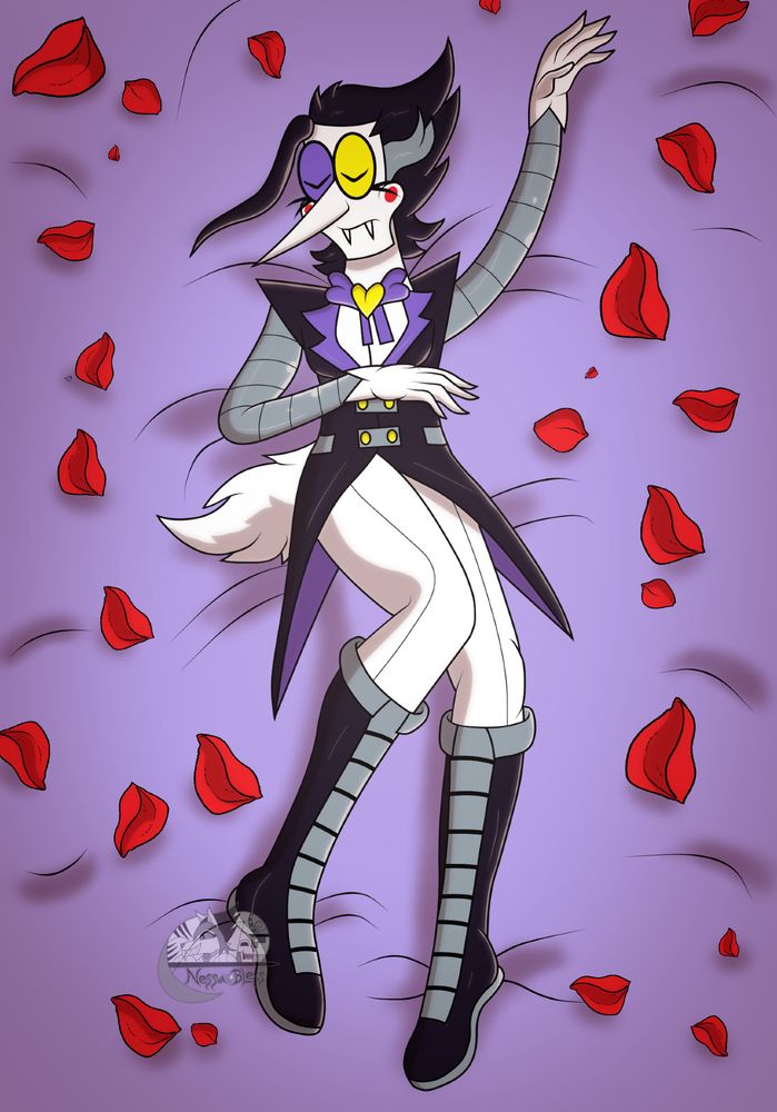 A goth spamton OC lying on the bed, with his eyes closed. He is sleeping with red rose petals surrounding him. 