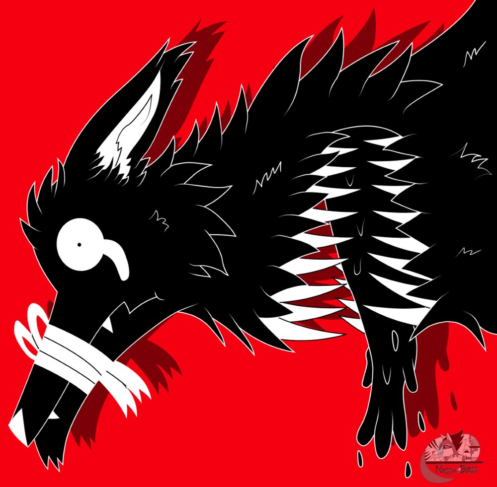 A black wolf creature with a bandage wrap on it's muzzle. It seems like it's crying, but its's mouth-neck is vomiting out of sudge 