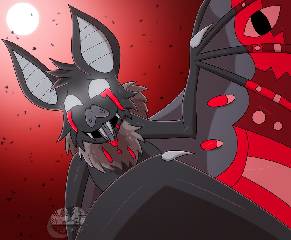 A bat creature crying out blood with a red abstract design appears on its wings. 