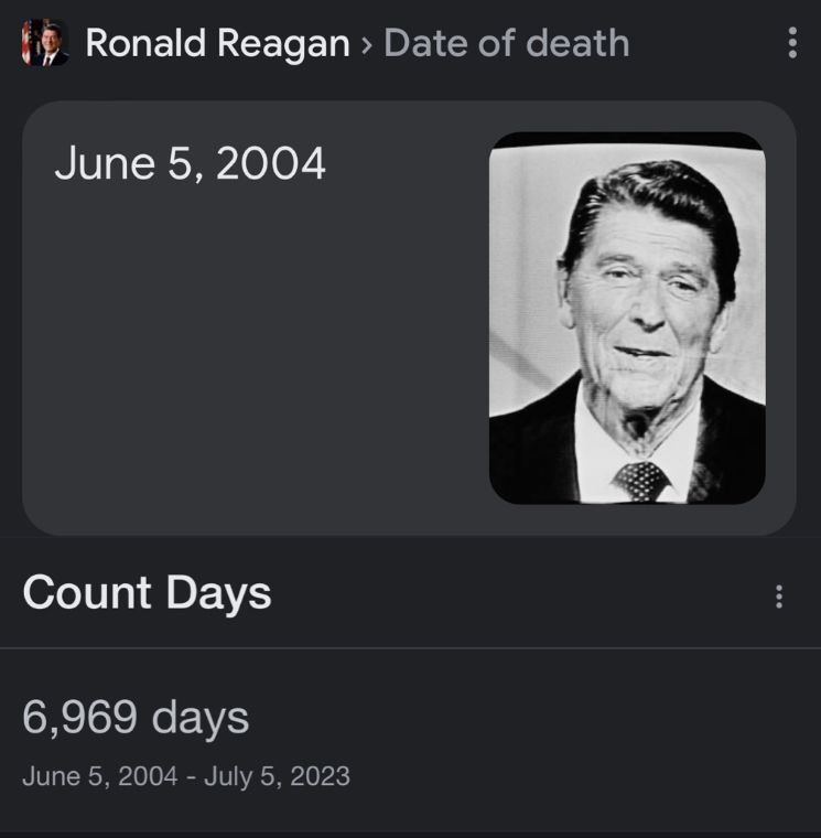 Screenshots showing Ronald Reagan date of death as June 5 2004 and a counter showing it’s 6969 days between June 5 2004 and July 5 2023 