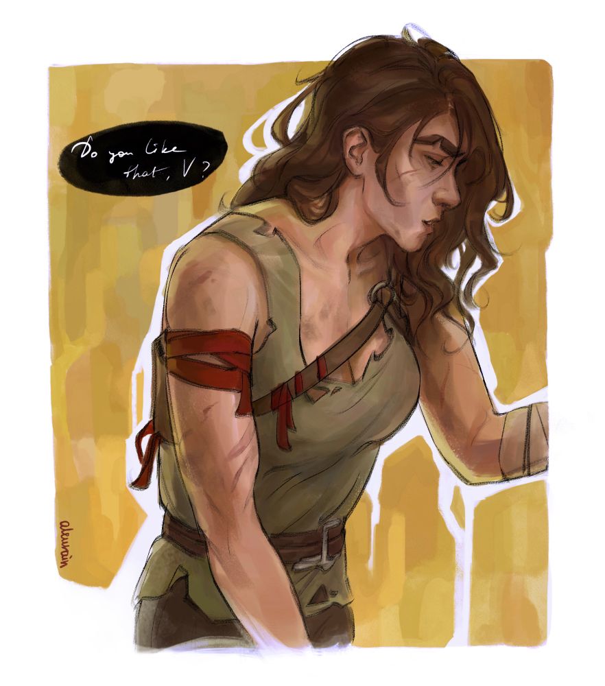 The series of feral fem Jayce and commune fem Viktor. Jayce's wearing tattered clothes and has long wavy hair and fervent expression on the face, she's bowing slightly, asking "Do you like that, V?". Her arm is extended to Viktor off screen.