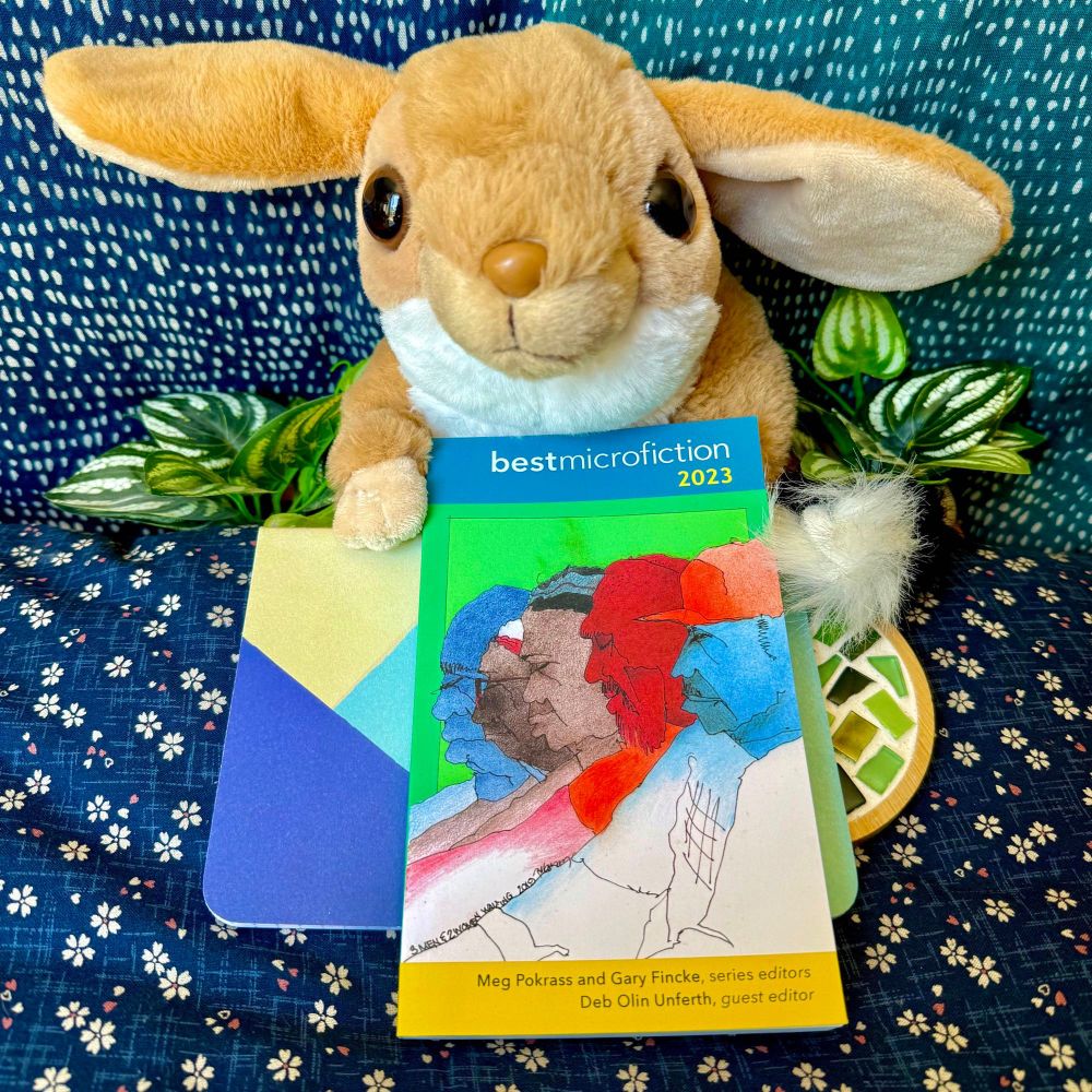 Picture of a jerboa stuffed animal on a blue background, displaying a copy of “Best Microfiction 2023” in its lap.