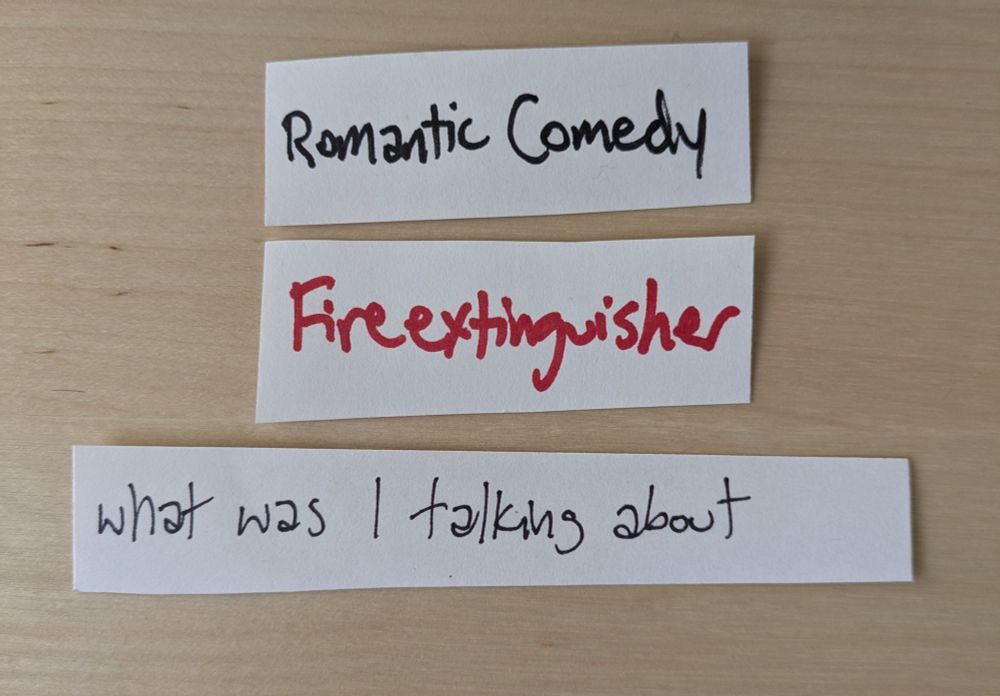 Three slips of paper, one reading "Romantic Comedy," one reading "Fire extinguisher," and one reading "what was I talking about." Together, these form the prompt for the first-ever Jerboa Lit 500 flash fiction contet!