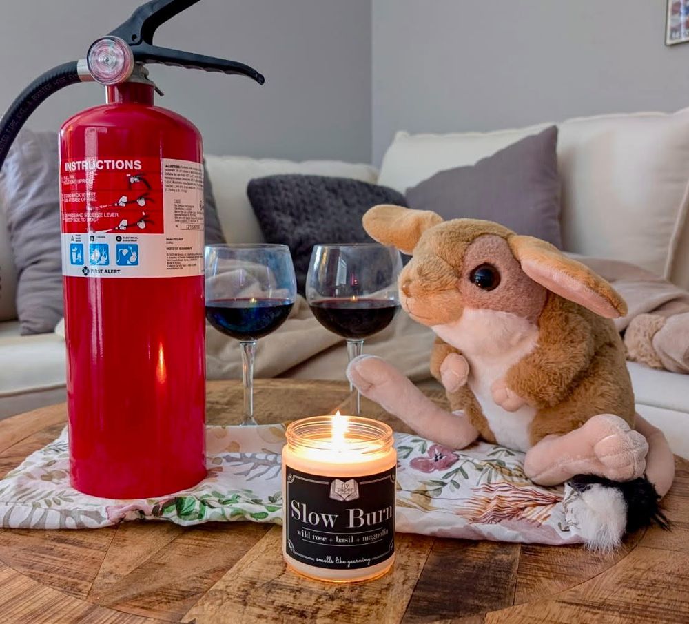 A small fire extinguisher and a plush jerboa share a couple glasses of red wine. There is a lighted candle labeled "Slow Burn" in the foreground, and love is in the air.