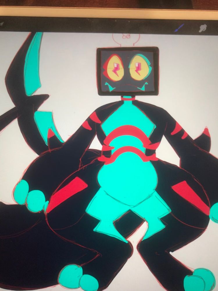 A shark creature with a teal under belly and hot pink markings. The creature has a box tv for a head, yellow sclera and pink lightning shaped pupils and heart shaped antenna.