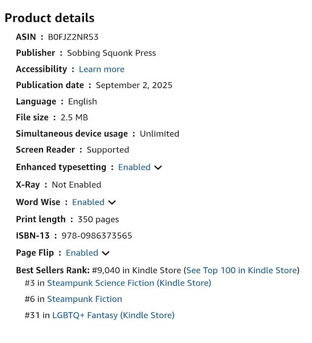 Amazon stats block for ANGEL MAKER showing it listing at #9,040 in the Kindle store and #3 in Steampunk Science Fiction