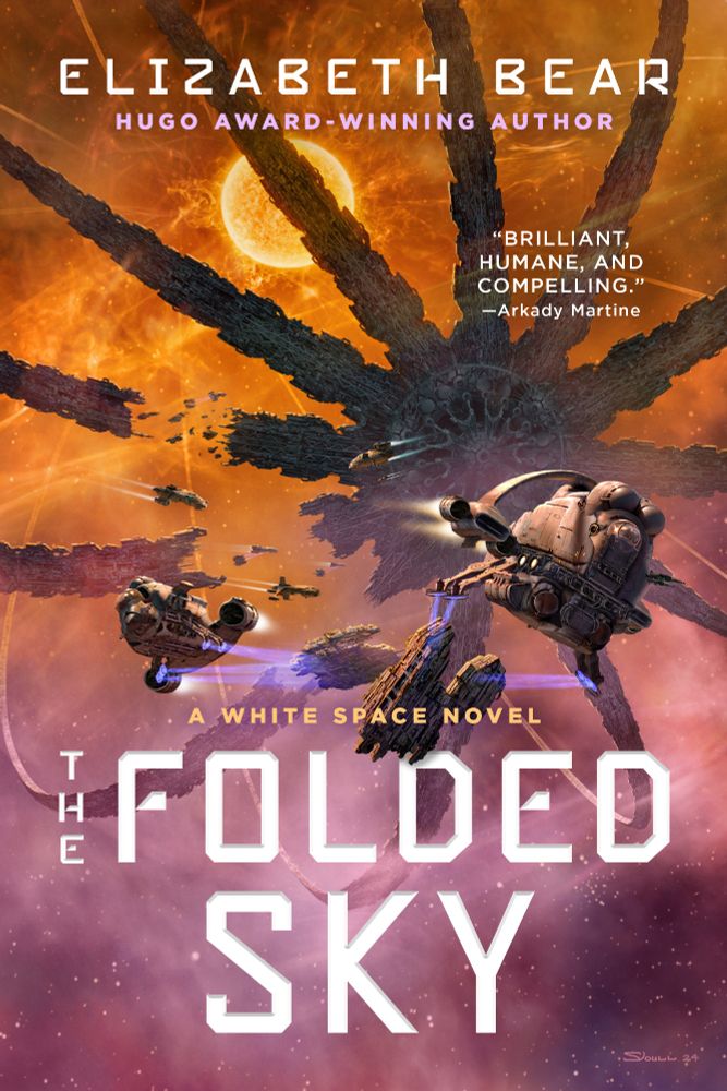 Cover art for THE FOLDED SKY by Elizabeth Bear, showing a pink and orange space scene with little ships working on a megastructure surrounding a red sun.