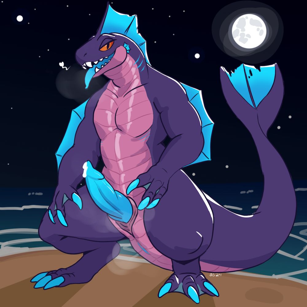 A muscular, cartoonish fish character with purple scales and blue fins stands on a shore at night, under a full moon. The fish has a playful expression, with its tongue out and smoke visible, and features prominent claws and a large tail.