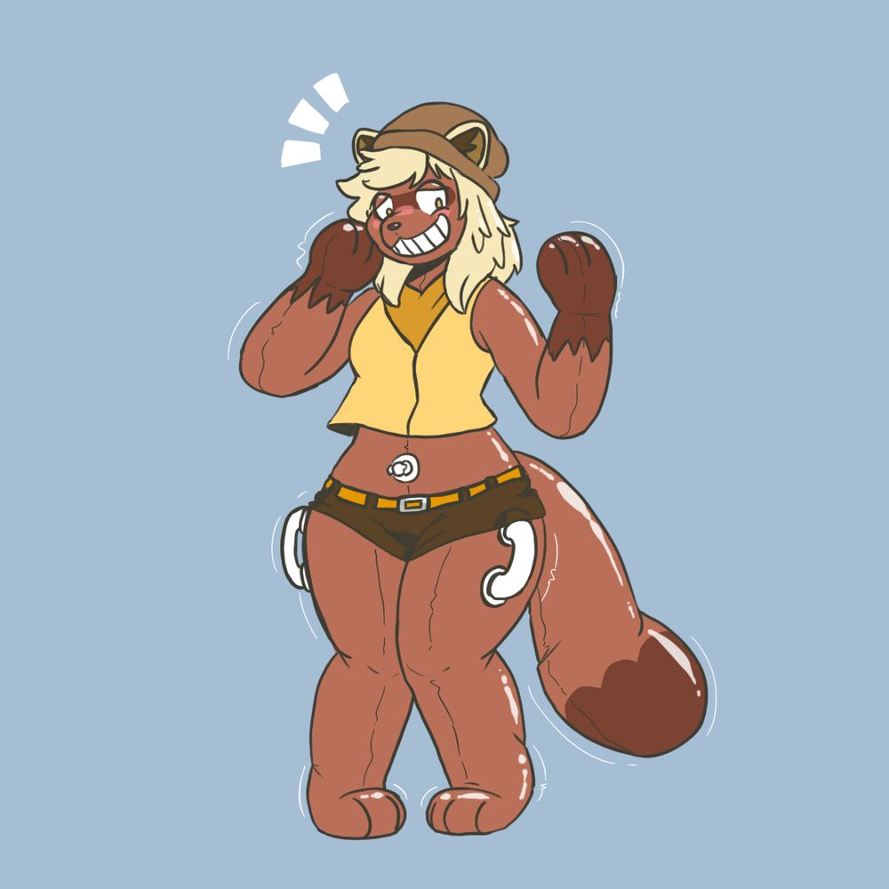 A confused/surprised-looking curvy, somewhat femme tanuki wearing a beanie. They have a large, toothy grin despite their confused expression. They have handles and a nozzle, and an odd sheen to their body, indicating they are a pool toy or inflatable.