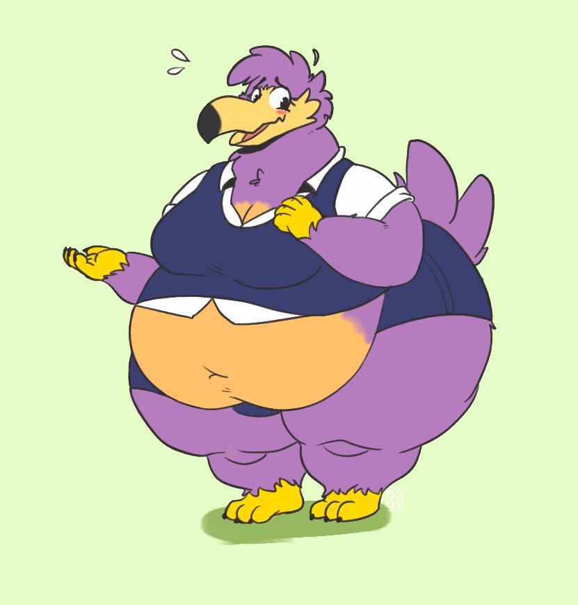 A drawing/illustration of a purple and round bird