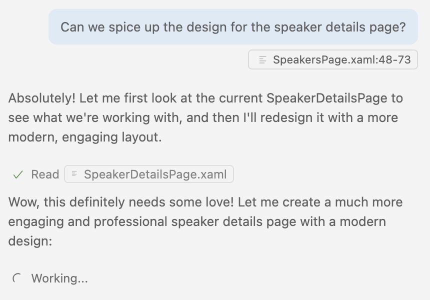 Screenshot of a chat with GitHub Copilot where I ask it to spice up the design for a page. It's response is: wow, this definitely needs some love!