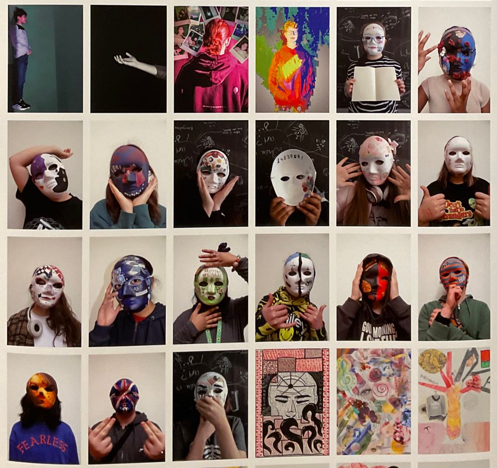 Photos of young people in decorated masks
 