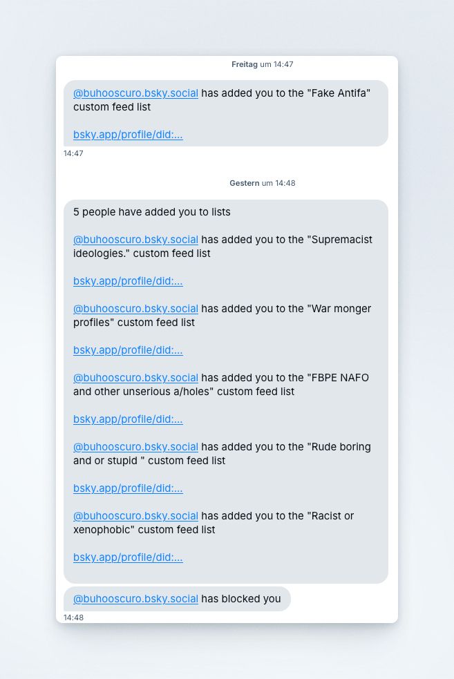Ein Account hat mich auf verschiedene Custom Feed Listen gesetzt bevor er mich im Anschluss direkt blockierte. Darunter so schöne Listen wie "Rude boring and or stupid" oder "Fake Antifa". Es gab zuvor keine Interaktion.
