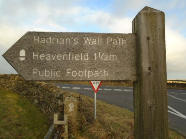 Pointing the way west on the National Trail. Fingerpost blade on Hadrian's Wall Path National Trail.