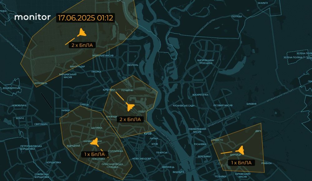 Carte réalisée par le compte Telegram monitor montrant les positions des drones au-dessus de la capitale à 01:12